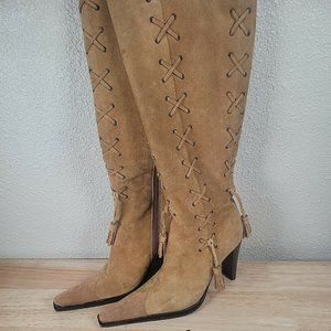 Cesare Paciotti Laced Tasseled Tan Suede Knee-High Women Boots Sz 36  US 5.5/6